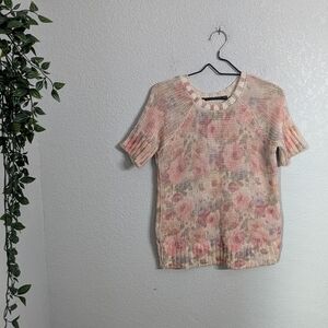 Zara Knit Cotton Pullover Short Sleeve Sweater Cream Pink Floral Cottagecore M